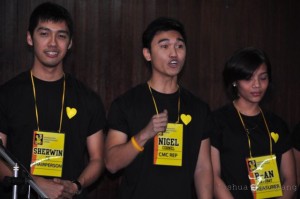 From left: Sherwin Su, Nigel Coronel, and B-an Catubay of ISA during the Hot Off the Grill debate at CMC. Photo by Joshua Dalupang