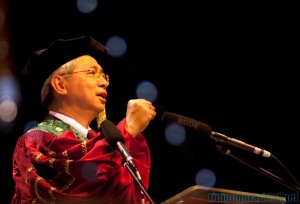 Alfredo Pascual delivers a speech during his investiture as 20th UP president. Pascual said UP should continue pushing for greater state subsidy on education. GIAN SUYAT